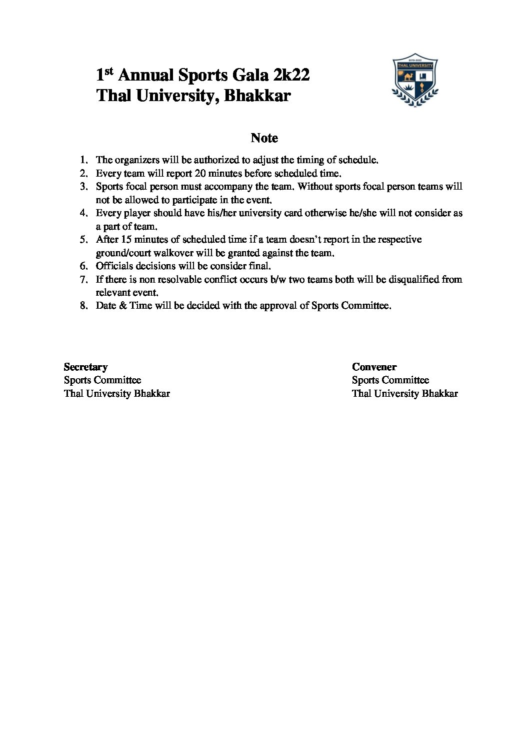 Sports gala notice from Thal University Bhakkar